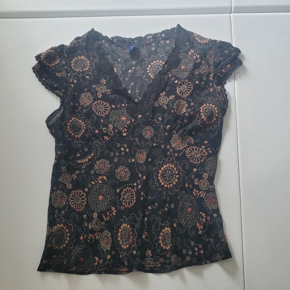Y2K Whimsigoth Gap Blouse Womens Large Black Silk Floral Chiffon Sheer Babydoll